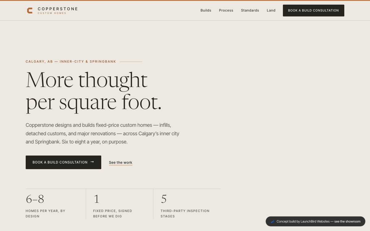 Copperstone Custom Homes: concept website by LaunchBird Websites for a fictional contractors firm