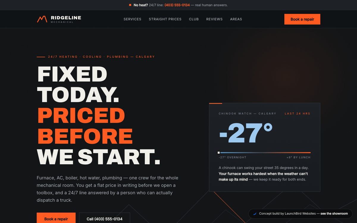 Ridgeline Mechanical: concept website by LaunchBird Websites for a fictional contractors firm