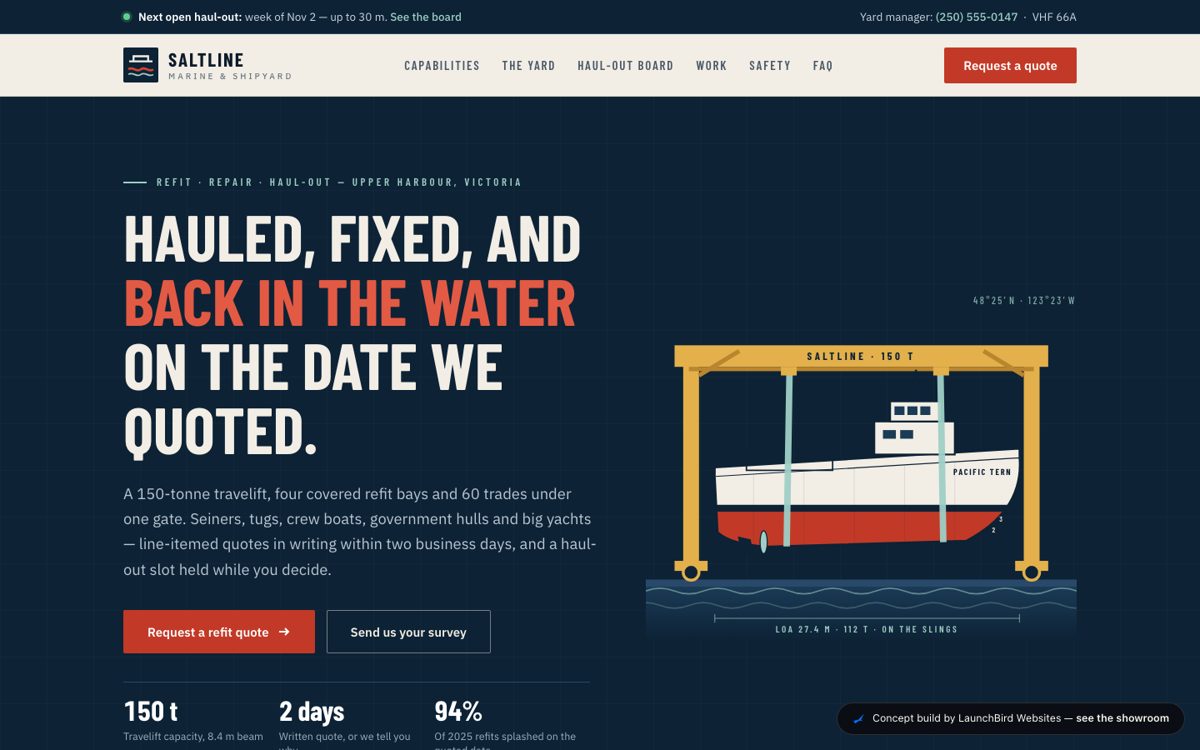 Saltline Marine & Shipyard: concept website by LaunchBird Websites for a fictional marine & shipyard firm
